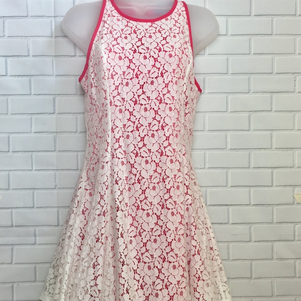 Francesca's Hot Pink and White Lace Dress Size M